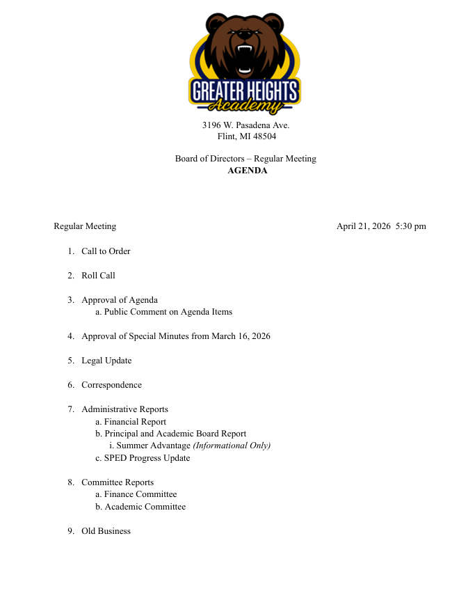 Greater Heights Academy Board Meeting Agenda January 20, 2026