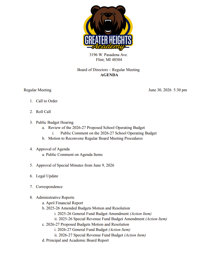 GHA Board Meeting Agenda Page 1 Greater Heights Academy Board Meeting Agenda January 20, 2026