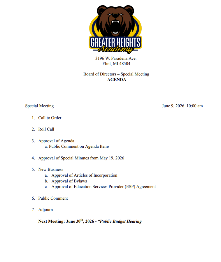 Greater Heights Academy Board Meeting Agenda January 20, 2026