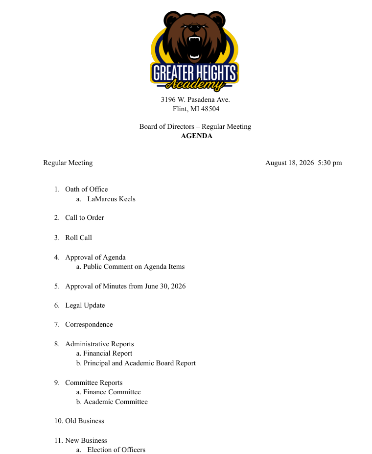 Greater Heights Academy Board Meeting Agenda January 20, 2026